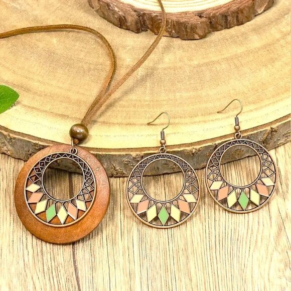Necklace & Earrings 3pc Set Wood Leather Bronzed Dangle Boho Trendy Yoga Namaste - Picture 3 of 6